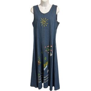 Vtg 90s EXPOSE Hand Painted Denim Maxi Dress~M~Fit & Flair Garden Cottagecore